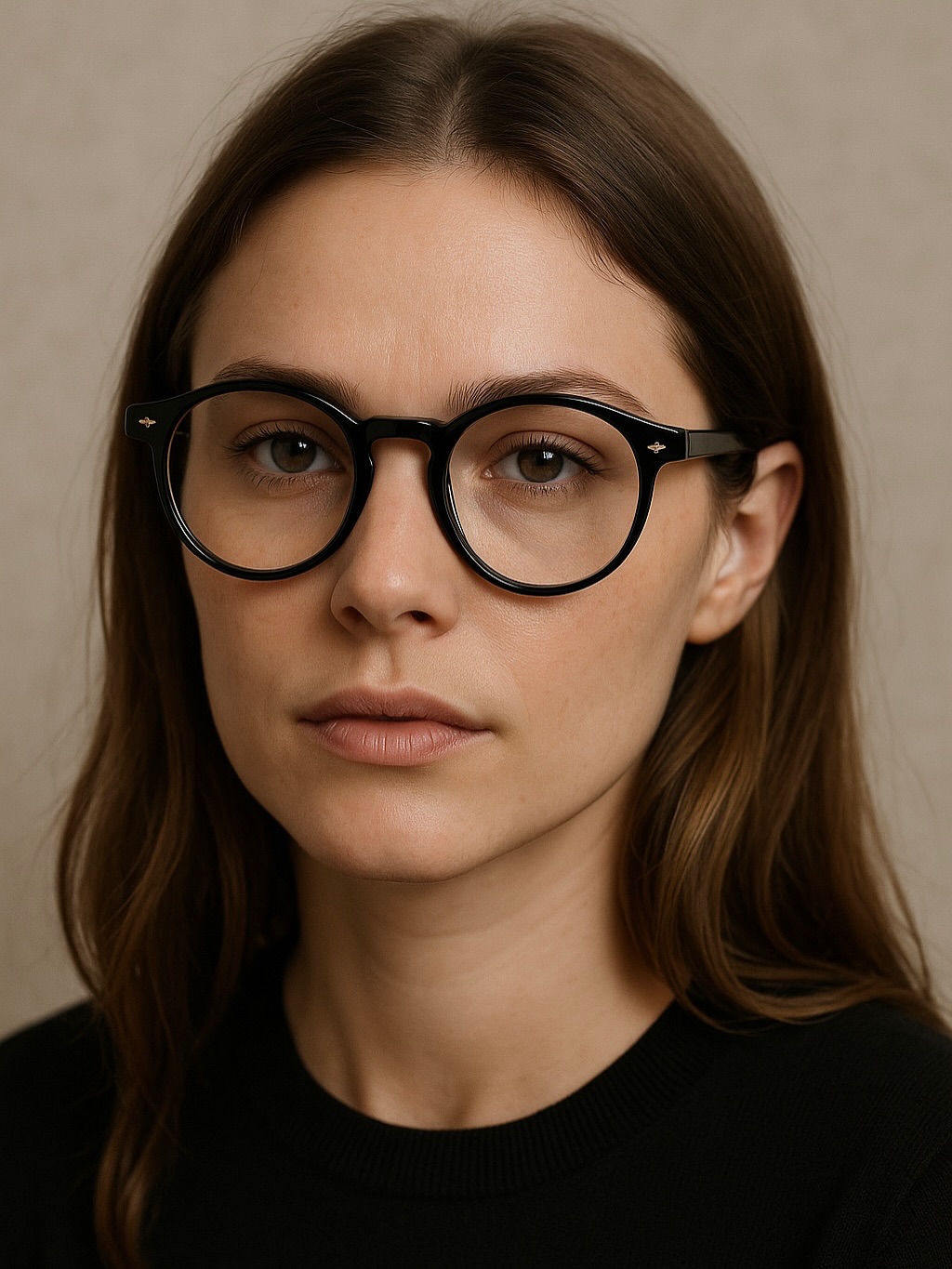 Woman in DULY round optical frame — clear lens world
